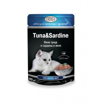 420961 ДЖИНА TUNA&SARDINE пауч д/кош.(филе тунца и сардины в желе ) 85гр*24